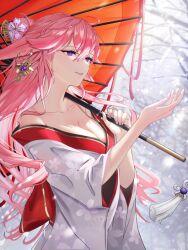 Rule 34 | 1girl, alternate costume, animal ears, bare shoulders, breasts, cleavage, commentary request, floral print, fox ears, genshin impact, grin, holding, holding umbrella, janome yuiwa, japanese clothes, kimono, large breasts, long hair, medium breasts, oil-paper umbrella, parted lips, pink hair, purple eyes, red umbrella, smile, solo, umbrella, upper body, very long hair, white kimono, yae miko