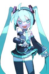 Rule 34 | 1girl, absurdres, ahoge, aqua eyes, aqua hair, aqua necktie, bare shoulders, black skirt, black sleeves, black thighhighs, blue nails, blush stickers, bright pupils, cheri zao, collared shirt, cowboy shot, detached sleeves, hatsune miku, highres, holding, holding microphone, joints, long hair, looking at viewer, mechanical parts, microphone, miniskirt, necktie, number tattoo, open mouth, pleated skirt, proto miku (cheri zao), shadow, shirt, simple background, skirt, sleeveless, sleeveless shirt, smile, solo, standing, tattoo, thighhighs, very long hair, vocaloid, white background, white pupils