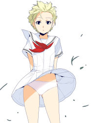 Rule 34 | 1girl, :o, arms behind back, blonde hair, blue eyes, clothes lift, contrapposto, dress, dress lift, highres, ino (magloid), otome function, panties, pantyshot, red ribbon, ribbon, sailor dress, school uniform, serafuku, short hair, simple background, solo, standing, surprised, tatiana vasilievna stalina, triangle mouth, underwear, white panties, wind, wind lift