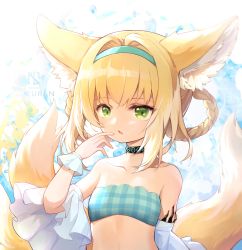 Rule 34 | 1girl, absurdres, animal ears, arknights, bare shoulders, blonde hair, braid, choker, collarbone, commentary request, detached sleeves, fox ears, fox girl, fox tail, green eyes, hair between eyes, hairband, hehehzb, highres, infection monitor (arknights), kitsune, kyuubi, long hair, looking at viewer, material growth, multiple tails, oripathy lesion (arknights), parted lips, sidelocks, solo, suzuran (arknights), swimsuit, tail, twin braids, upper body, wide sleeves