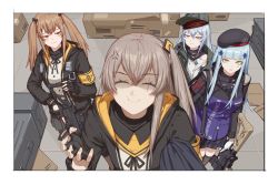 Rule 34 | 404 (girls&#039; frontline), ammunition box, anger vein, assault rifle, breasts, brown hair, clothes grab, commentary request, false smile, g11 (girls&#039; frontline), girls&#039; frontline, green eyes, green headwear, gun, h&amp;k g11, h&amp;k hk416, h&amp;k ump, hair between eyes, hk416 (girls&#039; frontline), jacket, large breasts, long hair, military jacket, ouer moyu, pantyhose, plaid, plaid skirt, rifle, scar, scar across eye, scar on face, scarf on head, shaded face, shirt, silver hair, skirt, smile, submachine gun, thighhighs, ump45 (girls&#039; frontline), ump9 (girls&#039; frontline), weapon, white shirt