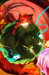 Rule 34 | 1girl, animal ears, cat ears, cat tail, dress, flaming skull, floating skull, green dress, juliet sleeves, kaenbyou rin, kutsuki kai, long sleeves, multiple tails, open mouth, puffy sleeves, red eyes, red hair, smile, solo, tail, touhou, wheelbarrow