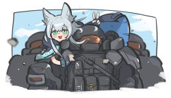 Rule 34 | 1girl, 3others, ambiguous gender, animal ears, arknights, black cloak, black gloves, blue cloak, blue eyes, blue sky, blurry, blurry background, blurry foreground, blush, border, cat ears, cloak, cloud, cropped torso, fingerless gloves, floating hair, glint, gloves, grey hair, hand up, heavy defender (arknights), helmet, infection monitor (arknights), multiple others, on shoulder, open mouth, orange-tinted eyewear, raised eyebrows, rosmontis (arknights), rubble, sky, smile, tactical clothes, tareme, tinted eyewear, tirarizun, two-tone cloak, v, white border