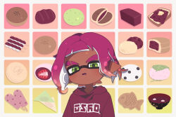 1boy anpan colored_tongue commentary_request daifuku dango dark-skinned_male dark_skin dorayaki drooling eyebrow_cut food green_eyes highres hood hood_down hoodie ichigo_daifuku imagawayaki inkling inkling_boy inkling_player_character long_sleeves male_focus nintendo ogura_toast_(food) open_mouth pointy_ears popsicle purple_hair purple_hoodie purple_tongue red_bean_paste shiruko_(food) short_hair solo splatoon_(series) splatoon_3 surume01417 taiyaki tentacle_hair thick_eyebrows upper_body wagashi