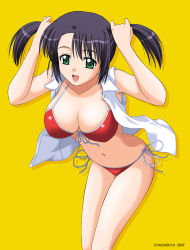 Rule 34 | bent over, bikini, black hair, breasts, front-tie top, green eyes, hanging breasts, large breasts, navel, open clothes, open shirt, red bikini, satou chagashi, shirt, side-tie bikini bottom, simple background, solo, swimsuit, twintails, yellow background