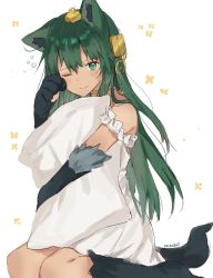 Rule 34 | 1girl, animal ears, animal hands, anubis (monster girl encyclopedia), choker, commentary, commission, dark green hair, dress, english commentary, green hair, hair ornament, hand up, hugging object, jewelry, long hair, mochii, monster girl, monster girl encyclopedia, one eye closed, pajamas, pillow, pillow hug, signature, sitting, sleepy, snake hair ornament, solo, tail, white dress, wolf ears, wolf tail