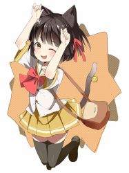 Rule 34 | 1girl, animal ears, atage, bag, bell, black hair, black thighhighs, blush, bow, cat ears, cat tail, fang, full body, hair ribbon, handbag, highres, looking at viewer, one eye closed, open mouth, original, paw pose, ribbon, school uniform, serafuku, shoes, short hair, simple background, skirt, solo, tail, thighhighs, white background