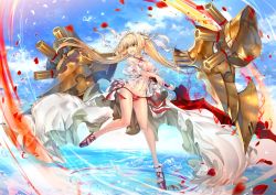 Rule 34 | ahoge, bikini, blonde hair, blouse, blush, breasts, caster (nero claudius), cleavage, day, fate/grand order, fate (series), green eyes, hair intakes, halterneck, holding, holding sword, holding weapon, long hair, mecha, nero claudius (fate), nero claudius (fate) (all), nero claudius (swimsuit caster) (fate), nero claudius (swimsuit caster) (third ascension) (fate), outdoors, red bikini, robot, see-through, shirt, smile, standing, striped bikini, striped clothes, swimsuit, sword, twintails, weapon, white shirt