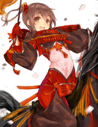 Rule 34 | 1girl, :d, armor, armored dress, bad id, bad pixiv id, blush, brown eyes, brown hair, flat chest, floral print, gloves, hair ornament, inayama, japanese clothes, looking at viewer, open mouth, red gloves, riding, sengoku bushouki muramasa, short hair, smile, solo