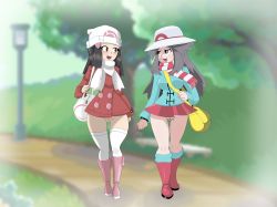 Rule 34 | 2girls, absurdres, bag, beanie, bench, black eyes, black hair, blue jacket, blue legwear, blush, boots, bottomless, breasts, clitoral hood, coat, collaboration, creatures (company), dawn (pokemon), day, exhibitionism, eye contact, female focus, full body, game freak, grass, green (pokemon), grey eyes, grey hair, hair ornament, hairclip, half-closed eyes, hand up, hat, highres, jacket, jaggy lines, kneehighs, lamppost, long hair, long sleeves, looking at another, matching hair/eyes, medium breasts, multiple girls, nintendo, no panties, open mouth, outdoors, pink footwear, poke ball theme, pokemon, pokemon dppt, pokemon frlg, pokemon platinum, protoscene, public indecency, pussy, pussy juice, pussy juice drip, red coat, red footwear, scarf, skindentation, skitterleaf, sky, smile, socks, standing, striped clothes, striped scarf, teeth, textless version, thighhighs, tree, uncensored, walking, white headwear, white legwear, white scarf