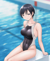 Rule 34 | 1girl, black hair, black one-piece swimsuit, blurry, breasts, collarbone, competition swimsuit, covered navel, depth of field, green eyes, hashi, large breasts, looking at viewer, one-piece swimsuit, original, pool, short hair, sitting, skin tight, solo, starting block, swimsuit, tomboy, two-tone swimsuit