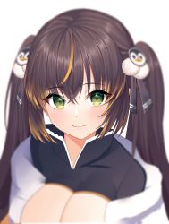 Rule 34 | 1girl, absurdres, black shirt, blurry, blush, breasts, brown hair, cleavage, closed mouth, commentary, green eyes, hair between eyes, hair ornament, highres, large breasts, long hair, multicolored hair, original, penguin hair ornament, r3d, shirt, simple background, sitting, smile, solo, streaked hair, twintails, upper body, white background