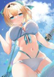 Rule 34 | 1girl, alternate breast size, alternate costume, bikini, black hairband, blonde hair, blue eyes, blue ribbon, blue sky, blush, breasts, cleavage, closed mouth, cloud, cloudy sky, commentary, cosplay, cowboy shot, crossed bangs, day, embarrassed, fate (series), from below, frown, hair ribbon, hairband, hololive, katana, kazama iroha, large breasts, lens flare, lips, looking at viewer, navel, okita j. souji (fate), okita j. souji (fate) (cosplay), okita j. souji (third ascension) (fate), okita souji (fate), outdoors, ponytail, rainbow, ribbon, short hair, skindentation, sky, solo, standing, stomach, swimsuit, sword, tsushi, virtual youtuber, wading, water, weapon, weapon on back, white bikini
