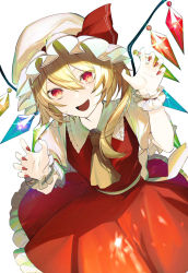 Rule 34 | 1girl, ascot, blonde hair, claw pose, crystal, flandre scarlet, frills, hair between eyes, hat, hat ribbon, highres, ikasoba, looking at viewer, mob cap, nail polish, open mouth, puffy short sleeves, puffy sleeves, red eyes, red nails, red ribbon, red skirt, red vest, ribbon, shirt, short sleeves, skirt, skirt set, smile, solo, touhou, vest, white background, wings, wrist cuffs