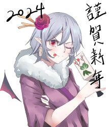 Rule 34 | 1girl, 2024, ;p, bat wings, earrings, flower, fur trim, grey hair, hagoita, hair flower, hair ornament, highres, jewelry, kanaria (bocmn), looking at viewer, one eye closed, paddle, pointy ears, red eyes, remilia scarlet, short hair, simple background, solo, tongue, tongue out, touhou, translation request, upper body, white background, wings