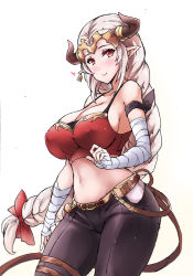 Rule 34 | 1girl, absurdres, aliza (granblue fantasy), arm wrap, armband, artist request, bare shoulders, belt, blush, bow, breasts, cleavage, collarbone, crop top, draph, earrings, granblue fantasy, hair bow, hair pulled back, headpiece, highres, hip focus, horns, jewelry, large breasts, long hair, looking at viewer, low-tied long hair, midriff, navel, pointy ears, red eyes, sidelocks, silver hair, simple background, smile, solo, white background