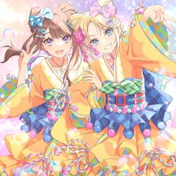 Rule 34 | 2girls, :d, album cover, belt, blonde hair, blue belt, blue bow, blue eyes, bow, brown hair, cone hair bun, cover, double bun, forehead, frilled kimono, frills, fujishima megumi, furisode, game cg, green bow, grin, gyaru v, hair bow, hair bun, hair ears, hair ornament, hairclip, heart, heart hair ornament, hechima (issindotai), identity (love live!), idol clothes, japanese clothes, jewelry, kimono, light blush, link! like! love live!, locked arms, logo, long hair, long sleeves, looking at viewer, love live!, mira-cra park!, multicolored clothes, multicolored kimono, multiple girls, necklace, non-web source, official alternate costume, official art, open mouth, orange kimono, osawa rurino, parted bangs, pink bow, purple eyes, sidelocks, smile, soap bubbles, striped sash, textless version, unmoving pattern, v, v-shaped eyebrows, virtual youtuber