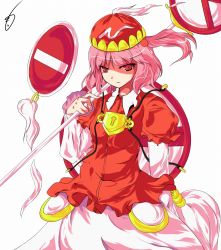 Rule 34 | 1girl, alphes (style), female focus, hair bobbles, hair ornament, hat, highres, kawashiro mitori, layered sleeves, mozya, original, parody, pink eyes, pink hair, ponytail, red eyes, road sign, side ponytail, sign, solo, style parody, tama home, touhou