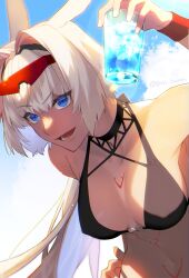 Rule 34 | 1girl, animal ears, arm up, bikini, black bikini, black hairband, blue eyes, body markings, breasts, caenis (fate), caenis (swimsuit rider) (fate), caenis (swimsuit rider) (first ascension) (fate), collarbone, commentary, covered erect nipples, cup, dark-skinned female, dark skin, drink, drinking glass, eyewear on head, fate/grand order, fate (series), hair intakes, hairband, halterneck, hand on own hip, highres, holding, holding cup, horse ears, ice, ice cube, leaning forward, light particles, long hair, looking at viewer, lower teeth only, medium breasts, nail polish, navel, open mouth, outdoors, phi luna, ponytail, red-tinted eyewear, red wristband, shade, smile, solo, sparkle, sunglasses, swimsuit, teeth, tinted eyewear, twitter username, upper body, white hair, white nails, wristband