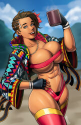 Rule 34 | 1girl, abs, absurdres, adapted costume, asymmetrical hair, azucena milagros ortiz castillo, belt bra, bikini, black gloves, breasts, brown hair, brown lips, cleavage, coffee, coffee mug, commentary, cornrows, cropped jacket, cup, dark-skinned female, dark skin, english commentary, excessive pubic hair, fingerless gloves, flower, gloves, grey eyes, hair flower, hair ornament, hand on own hip, highres, holding, holding cup, large breasts, looking at viewer, mug, multi-strapped bikini bottom, muscular, muscular female, naavs, open mouth, peruvian, print shirt, pubic hair, pubic hair peek, red bikini, red thighhighs, revealing clothes, shirt, short hair, solo, swimsuit, teeth, tekken, tekken 8, thick eyebrows, thick thighs, thighhighs, thighs, underboob, upper teeth only