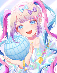 Rule 34 | 1girl, :d, absurdres, blonde hair, blue bow, blue eyes, blue hair, blue nails, blue shirt, blush, bow, chouzetsusaikawa tenshi-chan, copyright name, hair bow, highres, holding, long hair, long sleeves, looking at viewer, multicolored hair, multicolored nails, multiple hair bows, needy girl overdose, open mouth, pink bow, pink hair, pink nails, purple bow, quad tails, sailor collar, school uniform, serafuku, shirt, smile, solo, twintails, upper body, very long hair, y w uuu, yellow bow, yellow nails