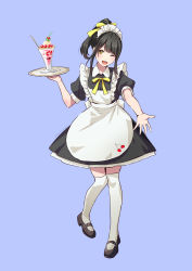 Rule 34 | 1girl, alternate costume, apron, black dress, black footwear, black hair, blue background, bow, collared dress, copyright request, dress, enmaided, frilled apron, frills, full body, hair bow, highres, holding, holding plate, kazuharu kina, maid, maid apron, maid headdress, parfait, plate, ponytail, puffy short sleeves, puffy sleeves, shoes, short sleeves, sidelocks, simple background, solo, standing, thighhighs, twitter username, virtual youtuber, white apron, white thighhighs, yellow bow, yellow eyes