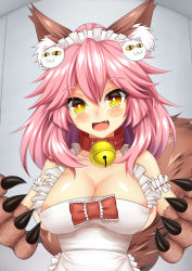 Rule 34 | 1girl, animal ear fluff, animal ears, animal hands, apron, areola slip, artist request, bell, blush stickers, breasts, cat hair ornament, cat paws, cleavage, collar, collarbone, fang, fate/grand order, fate (series), fox ears, fox girl, fox tail, frilled apron, frills, gloves, hair ornament, highres, indoors, jingle bell, large breasts, looking at viewer, naked apron, neck bell, open mouth, paw gloves, pink hair, solo, tail, tamamo (fate), tamamo cat (fate), tamamo cat (third ascension) (fate), white apron, yellow eyes
