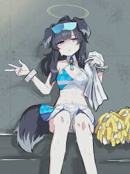 Rule 34 | 1girl, absurdres, animal ears, bangle, bare shoulders, black hair, blue archive, blue eyes, blush, bracelet, breasts, cheerleader, dog ears, dog girl, dog tail, eyewear on head, gloves, halo, hibiki (blue archive), hibiki (cheer squad) (blue archive), highres, jewelry, looking at viewer, midriff, millennium cheerleader outfit (blue archive), navel, official alternate costume, pom pom (cheerleading), sitting, skirt, small breasts, solo, sports bra, star sticker, sticker on face, stomach, sweat, tail, user rghg2872, v, wet, yellow halo