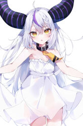 Rule 34 | 1girl, absurdres, ahoge, braid, braided bangs, breasts, collar, demon girl, demon horns, diagonal-striped clothes, diagonal-striped neckerchief, dress, grey hair, highres, hololive, horns, la+ darknesss, long hair, looking at viewer, multicolored hair, neckerchief, parted lips, pointy ears, purple hair, see-through, shigureszku, simple background, slit pupils, small breasts, solo, strapless, strapless dress, streaked hair, striped clothes, striped horns, very long hair, virtual youtuber, white background, white dress, yellow eyes, yellow neckerchief