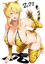 Rule 34 | 1girl, alternate costume, artoria pendragon (fate), artoria pendragon (lancer) (fate), ass, bare shoulders, bikini, blonde hair, blush, braid, breasts, butt crack, cleavage, collarbone, fate/grand order, fate (series), french braid, green eyes, hair between eyes, large breasts, long hair, looking at viewer, open mouth, sidelocks, soba (saz), solo, swimsuit, thighhighs