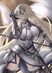 Rule 34 | 1girl, absurdres, armor, armored boots, armored dress, banner, bare shoulders, black gloves, black legwear, blonde hair, blue eyes, boots, breasts, chain, cowboy shot, couter, eto mitsuba, fate/grand order, fate (series), faulds, flag, fur-trimmed gloves, fur-trimmed legwear, fur trim, gauntlets, gloves, gorget, headpiece, highres, holding, holding flag, jeanne d&#039;arc (fate), jeanne d&#039;arc (ruler) (fate), jeanne d&#039;arc (third ascension) (fate), large breasts, long hair, plackart, scabbard, sheath, sheathed, solo, standard bearer, sword, very long hair, weapon