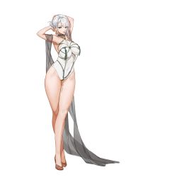 Rule 34 | 1girl, armpits, audrey dreamweaver, breasts, full body, game cg, green eyes, hair ornament, hairpin, high heels, highres, last origin, looking at viewer, navel, official art, one-piece swimsuit, rorobomb, silver hair, simple background, smile, solo, swimsuit, tachi-e, transparent background, updo