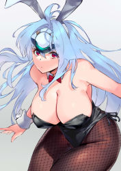 Rule 34 | 1girl, android, animal ears, bare shoulders, blue hair, breasts, bunny day, cleavage, fishnets, forehead protector, highres, kos-mos, large breasts, leotard, long hair, looking at viewer, negresco, pantyhose, red eyes, simple background, solo, very long hair, xenosaga