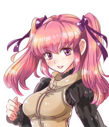 Rule 34 | 1041 (toshikazu), 1girl, black sweater, blush, bow, breasts, brown vest, char&#039;s deleted affair, clenched hand, gundam, hair behind ear, hair bow, haman karn, medium breasts, parted lips, pink hair, portrait, purple bow, purple eyes, smile, solo, sweater, twintails, vest, white background