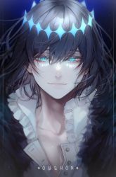 Rule 34 | 1boy, absurdres, alternate hair color, black fur, black hair, blue eyes, buttons, character name, closed mouth, collared shirt, commentary, crown, diamond hairband, fate/grand order, fate (series), fur collar, hair between eyes, highres, light smile, lips, looking at viewer, male focus, medium hair, nang z1, no wings, oberon (fate), oberon (third ascension) (fate), official alternate costume, shiny skin, shirt, solo, spoilers, straight-on, upper body, white shirt
