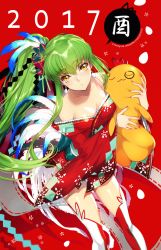 Rule 34 | 1girl, 2017, bare shoulders, breasts, c.c., cheese-kun, cleavage, code geass, creayus, dress, earrings, green hair, highres, japanese clothes, jewelry, kimono, long hair, solo, thighhighs, yellow eyes, zettai ryouiki