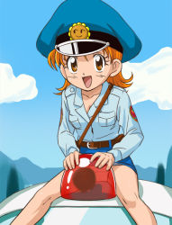 Rule 34 | haruyama kazunori, hat, momoko howaiti, orange hair, panties, pipopapo patrol-kun, police, short hair, sitting, solo, underwear