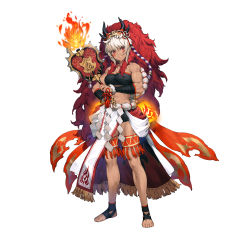 Rule 34 | 1girl, absurdres, bandages, bandeau, bare legs, bare shoulders, breasts, chest sarashi, chyko, facial mark, fire, fire emblem, fire emblem fates, fire emblem heroes, full body, hair between eyes, hand fan, head tilt, highres, holding, holding fan, long hair, looking at viewer, mask, mask on head, medium breasts, midriff, multicolored hair, muscular, muscular female, nintendo, official alternate costume, official art, paper fan, red eyes, red hair, rinkah (fire emblem), sarashi, simple background, skirt, smile, solo, standing, stomach, strapless, thigh strap, tube top, two-tone hair, uchiwa, very long hair, whisker markings, white background, white hair, white skirt