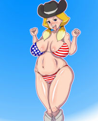 Rule 34 | 10s, 1girl, american flag bikini, american flag print, arms up, artist request, bikini, blonde hair, blue eyes, blush, boots, breasts, cowboy boots, cowboy hat, danball senki, female focus, flag print, freckles, furrowed brow, gradient background, hat, highleg, highleg bikini, huge breasts, jessica kaios, legs together, long hair, looking at viewer, low twintails, multicolored hair, naughty face, navel, open mouth, out of frame, plump, print bikini, sagging breasts, shiny skin, skindentation, smile, solo, standing, swimsuit, tareme, teeth, tongue, tongue out, twintails, two-tone hair, upper teeth only