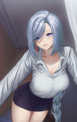Rule 34 | 1girl, absurdres, artist name, blue eyes, braid, breasts, cleavage, collared shirt, covered erect nipples, earrings, furrowed brow, genshin impact, hair over one eye, highres, jewelry, large breasts, long hair, looking at viewer, low-braided long hair, low-tied long hair, office lady, open mouth, partially unbuttoned, pencil skirt, rosumerii, shenhe (genshin impact), shirt, shirt tucked in, skirt, solo, swept bangs, tassel, tassel earrings, thighs, very long hair, white hair