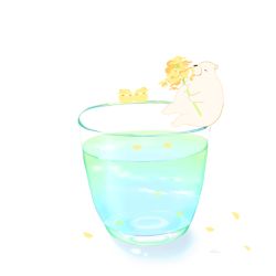 Rule 34 | artist name, bear, bird, chai (drawingchisanne), cup, flower, holding, holding flower, liquid, no humans, original, petals, simple background, sitting, white background