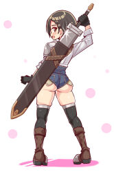 1girl ass ass_focus blush boots brown_eyes brown_hair cougar_(cougar1404) fighting_stance from_behind gloves gluteal_fold looking_at_viewer looking_back open_mouth original ready_to_draw sheath sheathed short_hair short_shorts shorts smile solo sword thick_thighs thighhighs thighs weapon