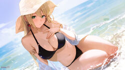 Rule 34 | 1girl, absurdres, armlet, bare shoulders, beach, bikini, black bikini, blonde hair, breasts, cleavage, closed mouth, dutch angle, earrings, green eyes, halterneck, hand on own chest, hat, highres, jewelry, large breasts, long hair, looking at viewer, navel, o-ring, o-ring bikini, off shoulder, open clothes, open shirt, original, outdoors, shirt, sitting, solo, sooon, stomach, string bikini, sun hat, swimsuit, thighs, very long hair, water, wet, white shirt