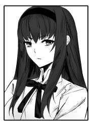 1girl black_hair bow closed_mouth greyscale highres long_hair monochrome shirt simple_background solo sprit_brry tohno_akiha tsukihime tsukihime_(remake) white_background white_shirt