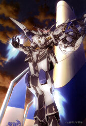 Rule 34 | absurdres, cloud, cloudy sky, evening, exhaust, eye trail, flying, glowing, glowing eyes, gundam, gundam bael, gundam tekketsu no orphans, hands up, highres, insignia, legs together, light trail, looking at viewer, mecha, mecha focus, mobile suit, no humans, oobari masami, open hands, outdoors, red eyes, robot, scan, science fiction, sky, solo, v-fin