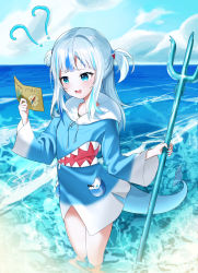 Rule 34 | 1girl, absurdres, blue eyes, blue hair, blue hoodie, blue sky, blunt bangs, blush, cloud, cloudy sky, confused, fins, fish tail, gawr gura, gawr gura (1st costume), hair ornament, highres, holding, hololive, hololive english, hood, hoodie, long hair, long sleeves, map, multicolored hair, ocean, open mouth, polearm, shark girl, shark hair ornament, shark tail, short twintails, sirim5420, sky, solo, streaked hair, tail, trident, twintails, virtual youtuber, water, waves, weapon, white hair