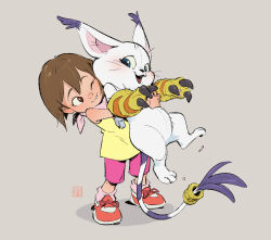 Rule 34 | 1girl, :d, bare shoulders, brown hair, cat, child, claws, digimon, digimon (creature), digimon adventure, grey footwear, highres, hug, neckerchief, one eye closed, open mouth, pink shorts, red footwear, shirt, shoes, short hair, shorts, simple background, sleepy kc, smile, tailmon, teeth, whistle, whistle around neck, yagami hikari, yellow shirt