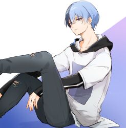 Rule 34 | 1boy, aoyagi touya, black pants, blue eyes, blue hair, closed mouth, commentary request, dark blue hair, feet out of frame, hood, hood down, hoodie, layered sleeves, long sleeves, male focus, mizuyoshi, mole, mole under eye, multicolored hair, pants, partial commentary, project sekai, short hair, short over long sleeves, short sleeves, solo, split-color hair, torn clothes, torn pants, two-tone hair