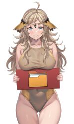 Rule 34 | 1girl, absurdres, ahoge, blonde hair, breasts, circlet, closed mouth, commission, fire emblem, fire emblem fates, gluteal fold, grey eyes, highres, holding, holding sign, large breasts, leotard, light smile, long hair, messy hair, nintendo, ophelia (fire emblem), sign, solo, swept bangs, vodka13