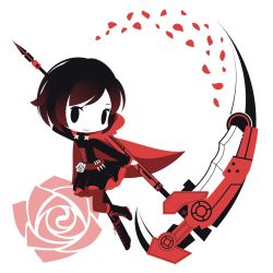Rule 34 | 1girl, black dress, black eyes, black footwear, black hair, cape, chibi, closed mouth, cobalta, corset, crescent rose, cross, cross-laced footwear, dress, flower, full body, holding, holding scythe, long sleeves, looking at viewer, petals, pink flower, pink rose, red cape, red legwear, rose, rose petals, ruby rose, rwby, scythe, short hair, simple background, smile, solid oval eyes, solo, white background